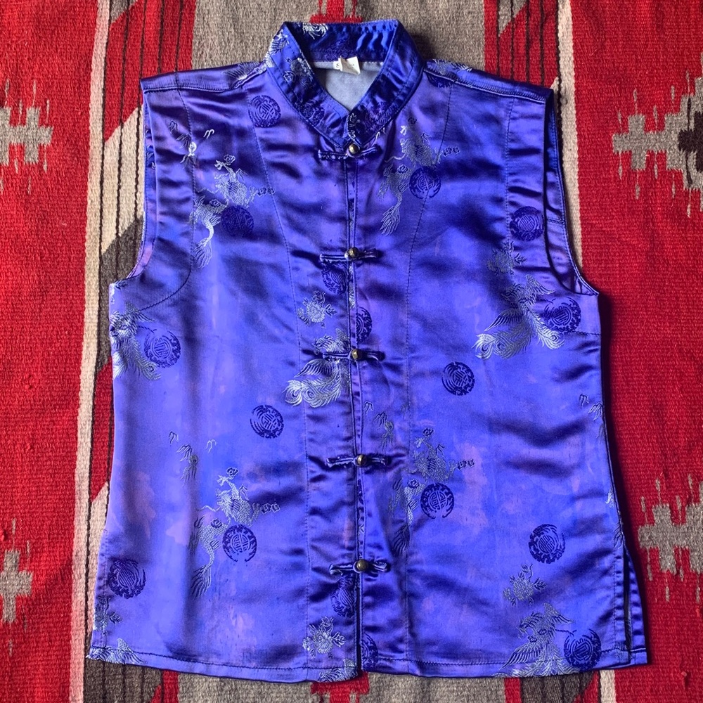 🔥💋Blue 100% Silk Sleeveless Vest Top w/Embroidery Vintage Imported from Nepal S